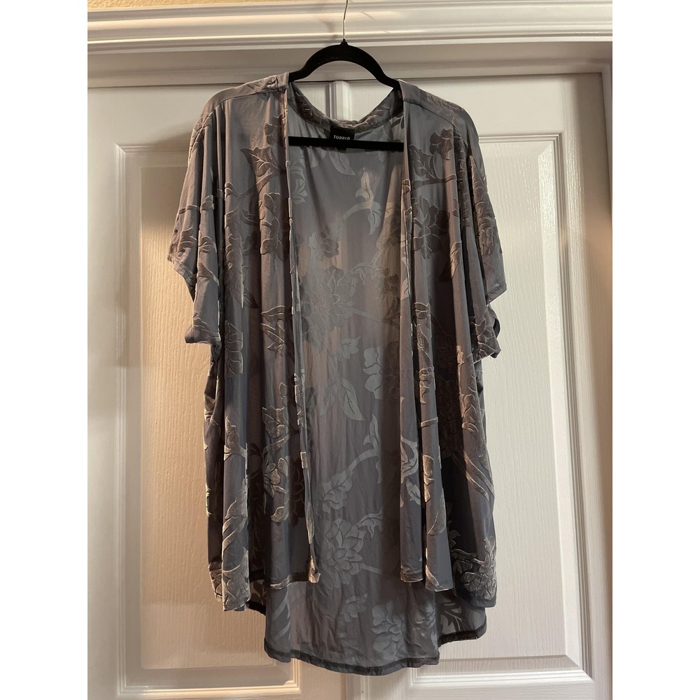 Torrid Kimono Jacket Womens 1/2 Gray Velvet Floral Burnout Open Front Sheer
